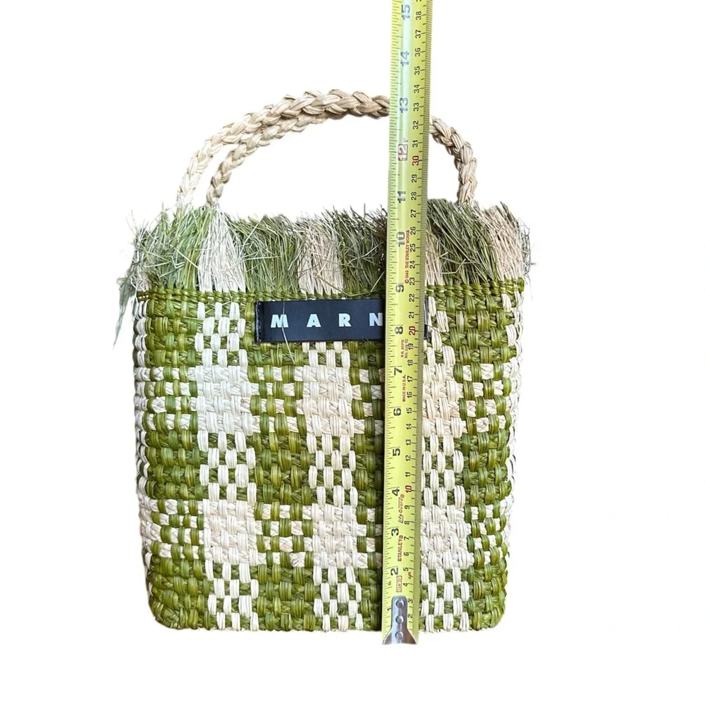 Marni Market Olive and Cream Woven Raffia Tote Bag - Picture 8 of 9